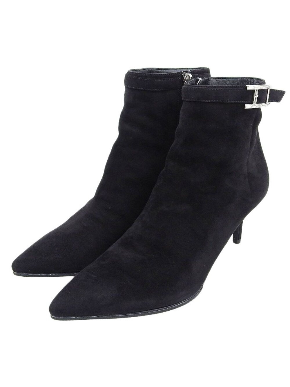 Hermes Blanche Crystal H Buckle Pointed Toe Suede Leather Short Boots